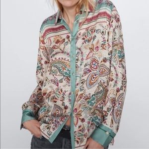 Zara NWT Satin Printed Blouse Size XS